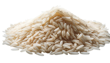 Obraz premium A close-up view of raw white rice grains heaped together, on a white background, emphasizing their texture, detail, and purity, suitable for themes of food, cooking, and ingredients. PNG transparent
