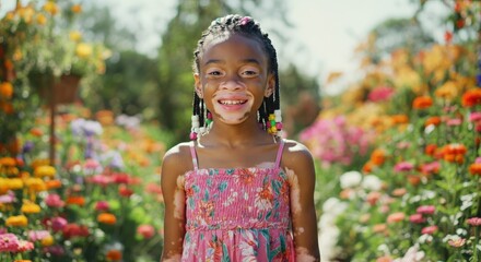 Joyful african descent girl with vitiligo smiling in colorful summer garden