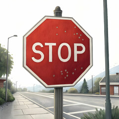 A stop road sign, a red octagon with white lettering, signaling drivers