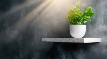 Stylish white shelf with a potted plant illuminated by sun rays in a modern interior setting