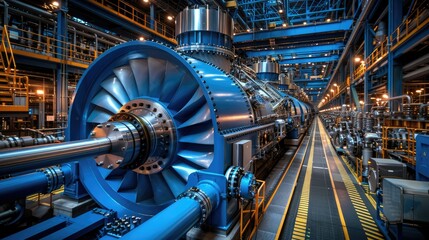 A modern industrial facility featuring large turbines and machinery for energy production.