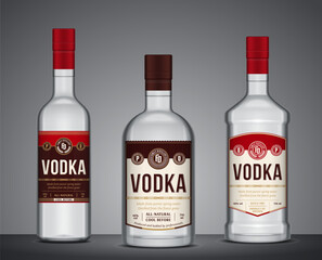 Vector vodka labels. Vodka glass bottle mockups