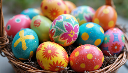 Naklejka premium Colorful decorated Easter eggs piled in a wicker basket on a blurred background