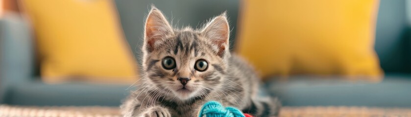 Obraz premium A playful kitten sits with toys, showcasing its curious expression amid a cozy living space with bright yellow cushions.