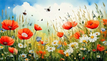 Obraz premium Wildflower meadow with watercolor daisies, poppies, and buzzing bees