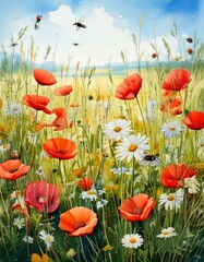 Obraz premium Wildflower meadow with watercolor daisies, poppies, and buzzing bees