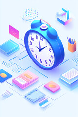 A cyber class schedule icon surrounded by time management data, symbolizing online class management platforms, real-time scheduling tools, and student organization resources. 
