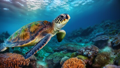 Obraz premium Sea turtle swims under water on the background of coral reefs