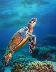 Obraz premium Sea turtle swims under water on the background of coral reefs