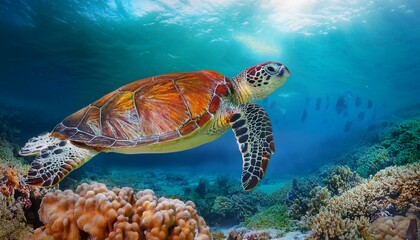 Obraz premium Sea turtle swims under water on the background of coral reefs