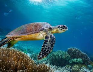 Sea turtle swims under water on the background of coral reefs