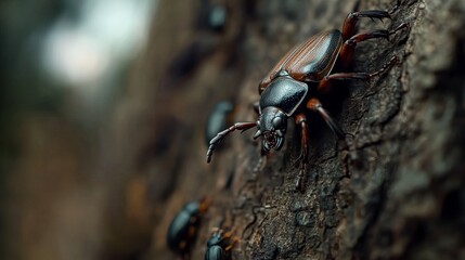 Close-up of a male beetle crawling on a textured tree bark, showcasing intricate details and a rich brown color.