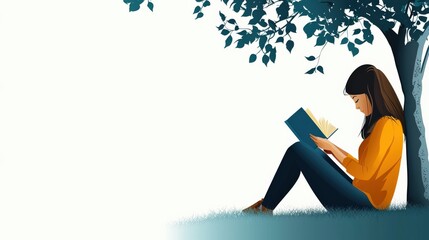 A girl reading a book under a tree in a peaceful park