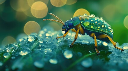 Fototapeta premium Green beetle covered in dew on leaf.