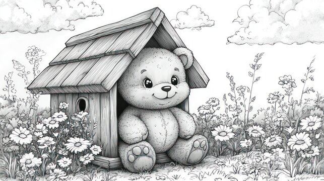 Cute teddy bear sitting in a birdhouse surrounded by flowers.