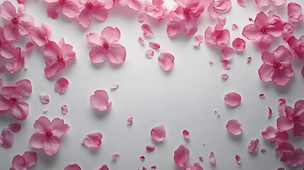 Delicate Pink Blossoms and Petals Scattered on White