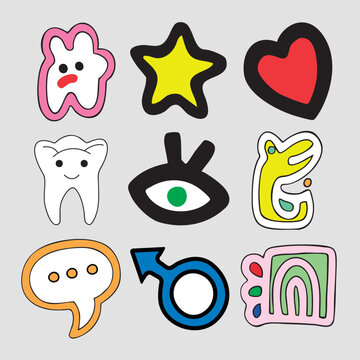 9 Doodle fantasy con stelle denti cuore occhi maschio e molto altro