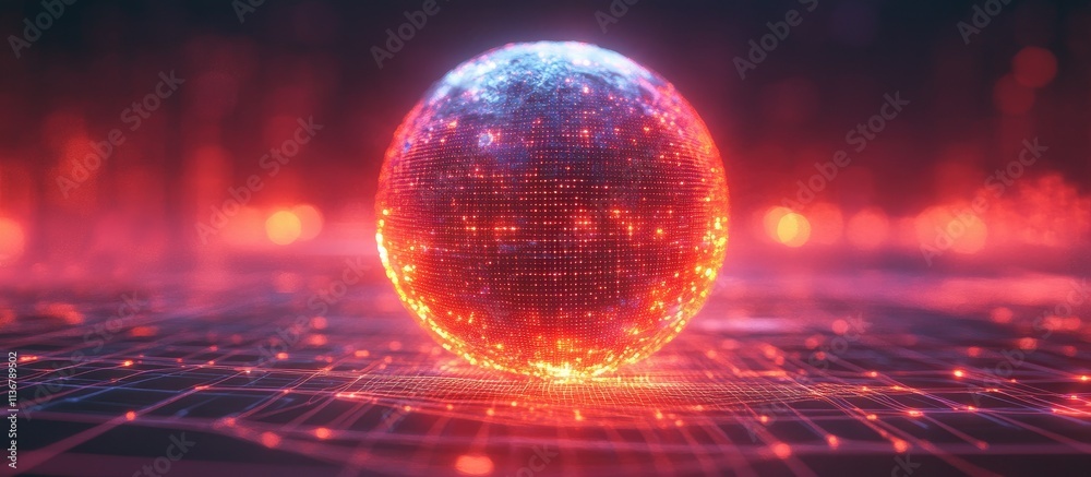 Wall mural glowing sphere on digital grid.