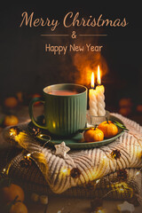 Warm cocoa, burning candles, and tangerines create a cozy atmosphere on christmas or new year's eve, surrounded by glowing lights and pine cones, greeting card