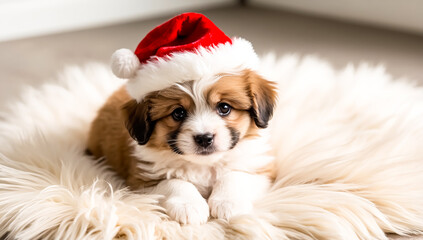 fluffy puppy  wearing a red Santa hat