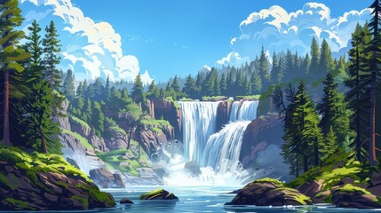 Fototapeta premium Majestic Waterfall Cascading Through Lush Green Forest