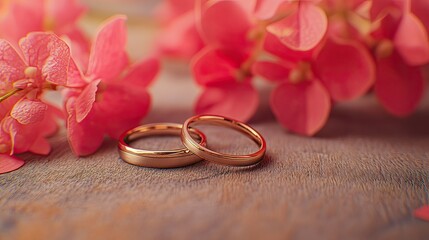 Two gold wedding rings rest on wood near pink orchids.