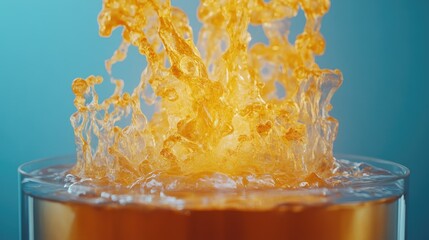 Orange liquid splashing into a glass.