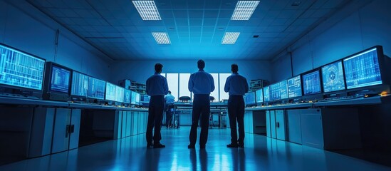 Control room Three technicians monitoring screens.