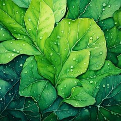 Fototapeta premium Close-up watercolor leaf patterns with dew drops and varying shades of green with copy space