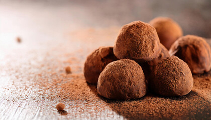 Homemade chocolate truffles dusted with cocoa powder are displayed on a dark surface. copy space