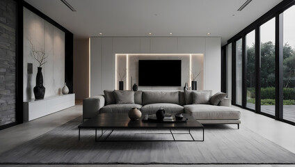 Fototapeta premium Modern living room featuring a light gray sofa, dark coffee table, and large windows with outdoor views.