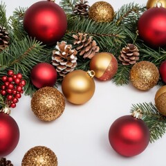 Christmas garland with red and gold balls, berries and pine cones.