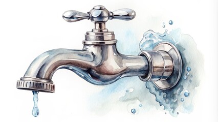 Watercolor Faucet Leaking Tap in Metal, Water Splashes, Conservation Concept, Watercolour Painting, Faucet Illustration Water conservation, plumbing, artwork