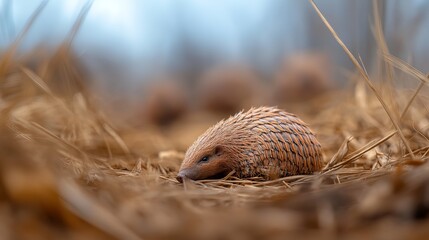 Obraz premium A close-up of a solitary pangolin resting on a bed of dry leaves, showcasing its unique, textured scales.