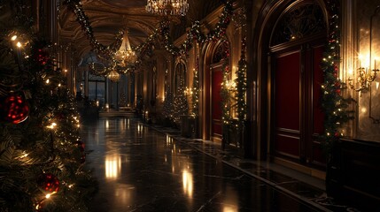 Elegant Christmas hallway with decorated Christmas trees, garland, and chandeliers.