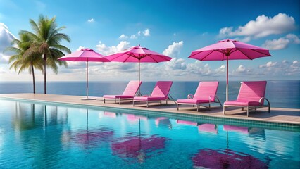 Pink Paradise Poolside Three Pink Umbrellas, Loungers, Ocean View, 3D Render, Summer Vacation. ,poolside, paradise