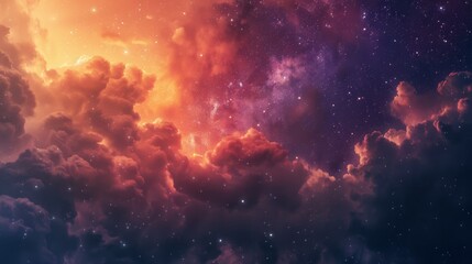 Fototapeta premium A Celestial Tapestry of Stars and Clouds, Painted in Hues of Orange, Red, and Purple