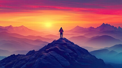 Hiker standing on mountain peak at sunrise, overlooking vast mountain range and misty valley.