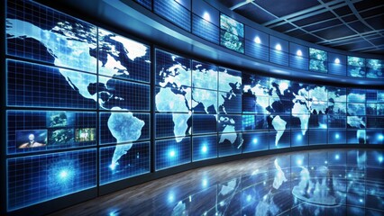 Global Network Visualization Curvilinear Display of World Map with Embedded Video Streams, Global Data, Surveillance, Intelligence Global network, world map, data visualization