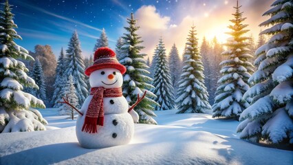Naklejka premium Front View Snowman in Snowy Forest at Sunrise, Winter Wonderland Scene, Digital Painting, Snow, Pine Trees Snowman, Winter, Christmas