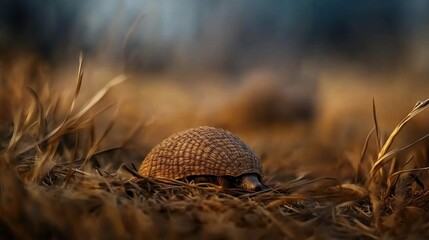Obraz premium A close-up of a turtle hidden among dry grass, showcasing its textured shell in warm earthy tones.