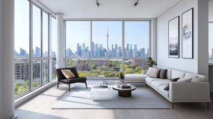 The large windows offer a cityscape view, enhancing the ambiance of ambition and progress.