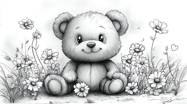 Adorable teddy bear sitting amidst blooming wildflowers.