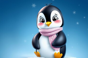 Obraz premium Cute Cartoon Penguin with Pink Scarf in Winter Wonderland