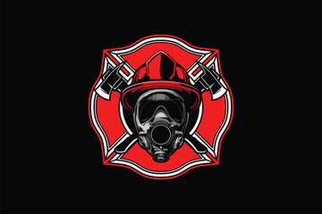 Gas Mask with helmet Fire Fighter and cross axe vector image