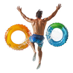 A 3D rendering of a man jumping into a pool with inflatable rings, captured mid-air, isolated against a transparent background ideal for summer or vacation-themed designs