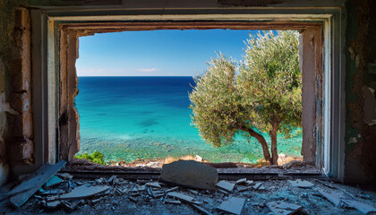 Through a broken window frame of an abandoned building, there's a stunning view of turquoise Mediterranean waters and an olive tree against a bright blue sky.