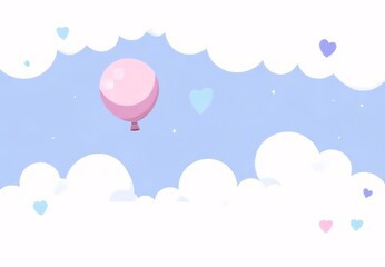 Pink balloon floats among white clouds.