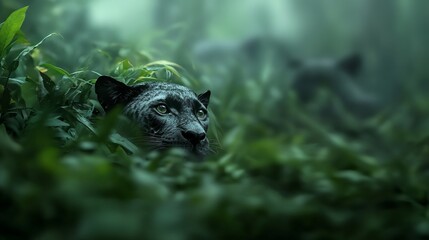 A sleek black panther peers through lush greenery, its intense gaze focused and alert in a misty jungle setting.