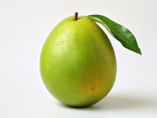A smooth, green fruit with a leaf on top, resembling an avocado or pear, showcasing its natural shine and fresh appearance.